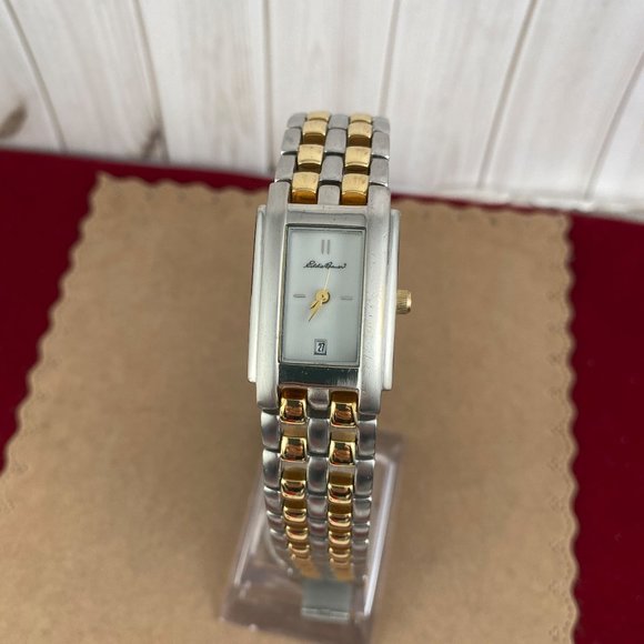 Vintage Eddie Bauer Dress Watch with Date Tank Style 2 Tone Gold and Stainless - Picture 2 of 8
